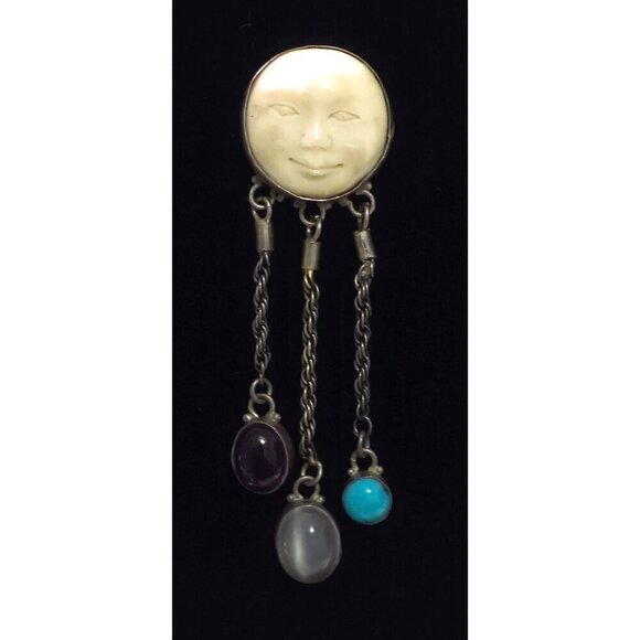 Carved Moon Face Sajen Dangle 925 Earrings Amethyst Turquoise & Moonstone - Picture 3 of 15